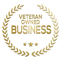 Gold laurel wreath with the words “Veteran Owned Business” in the center and three stars below, on a white background.