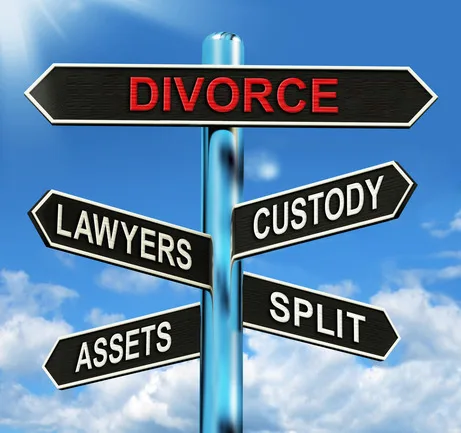 A signpost with arrows labeled Divorce, Lawyers, Custody, Assets, and Split against a blue sky with clouds.