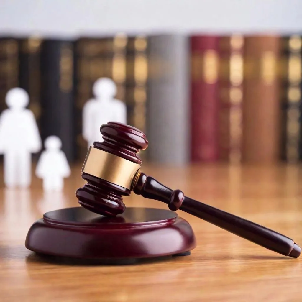 A wooden judge’s gavel rests on a sound block with law books and paper cutouts of a family blurred in the background.