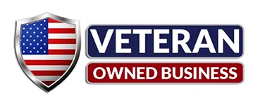 Shield with American flag next to bold text “Veteran Owned Business” on a white background.