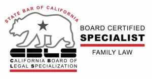 California Board of Legal Specialization logo featuring a bear and star, with text indicating Board Certified Specialist in Family Law.