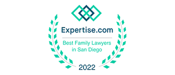 Expertise.com badge reading “Best Family Lawyers in San Diego 2022” with teal laurel wreath and geometric design above the text.
